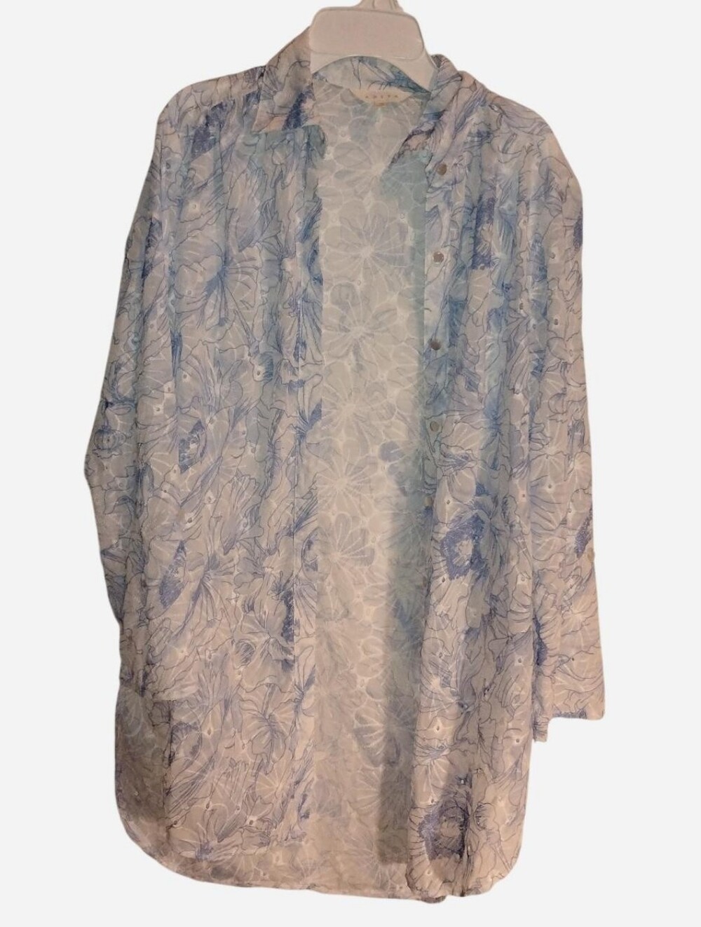 ADIVA Women's Floral Eyelet Tunic Shirt Small Blue White Button Down